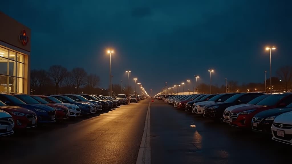 A car dealership lot under warm lights at night