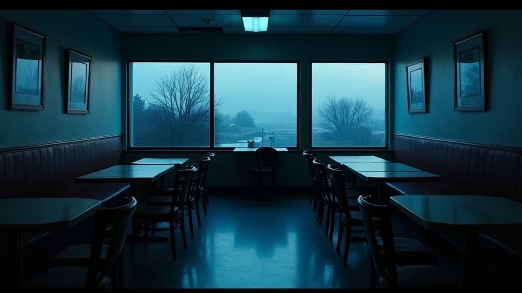 An empty restaurant dining room at dusk with chairs up on the tables