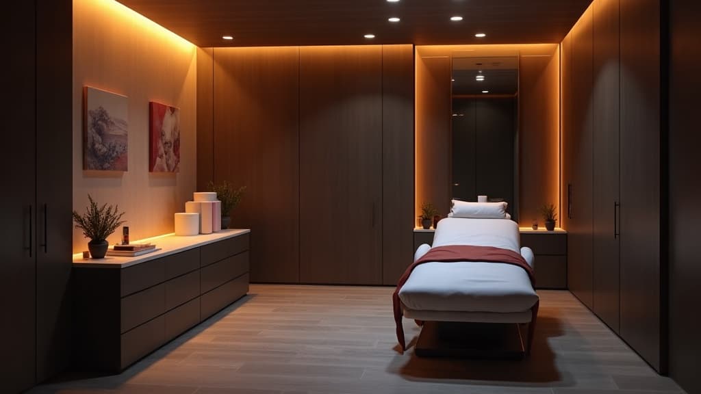 A modern med spa treatment room in warm evening light