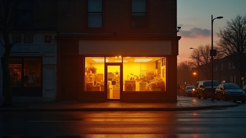 Golden sunrise light on a small storefront