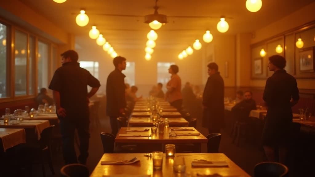A busy small restaurant dining room in warm evening light
