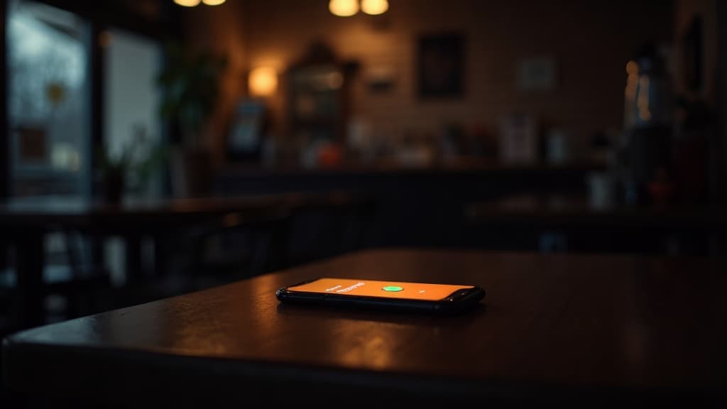 A phone lighting up with an incoming call on a counter in a dark, closed restaurant